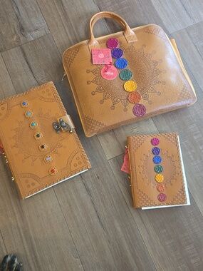 Rare Laptop Bag Chakra Embossed Tan Leather and Notepad Agenda Set